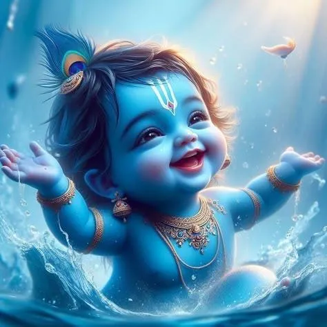 Cute Baby Krishna Smiling Joyfully with Divine Blue Aura