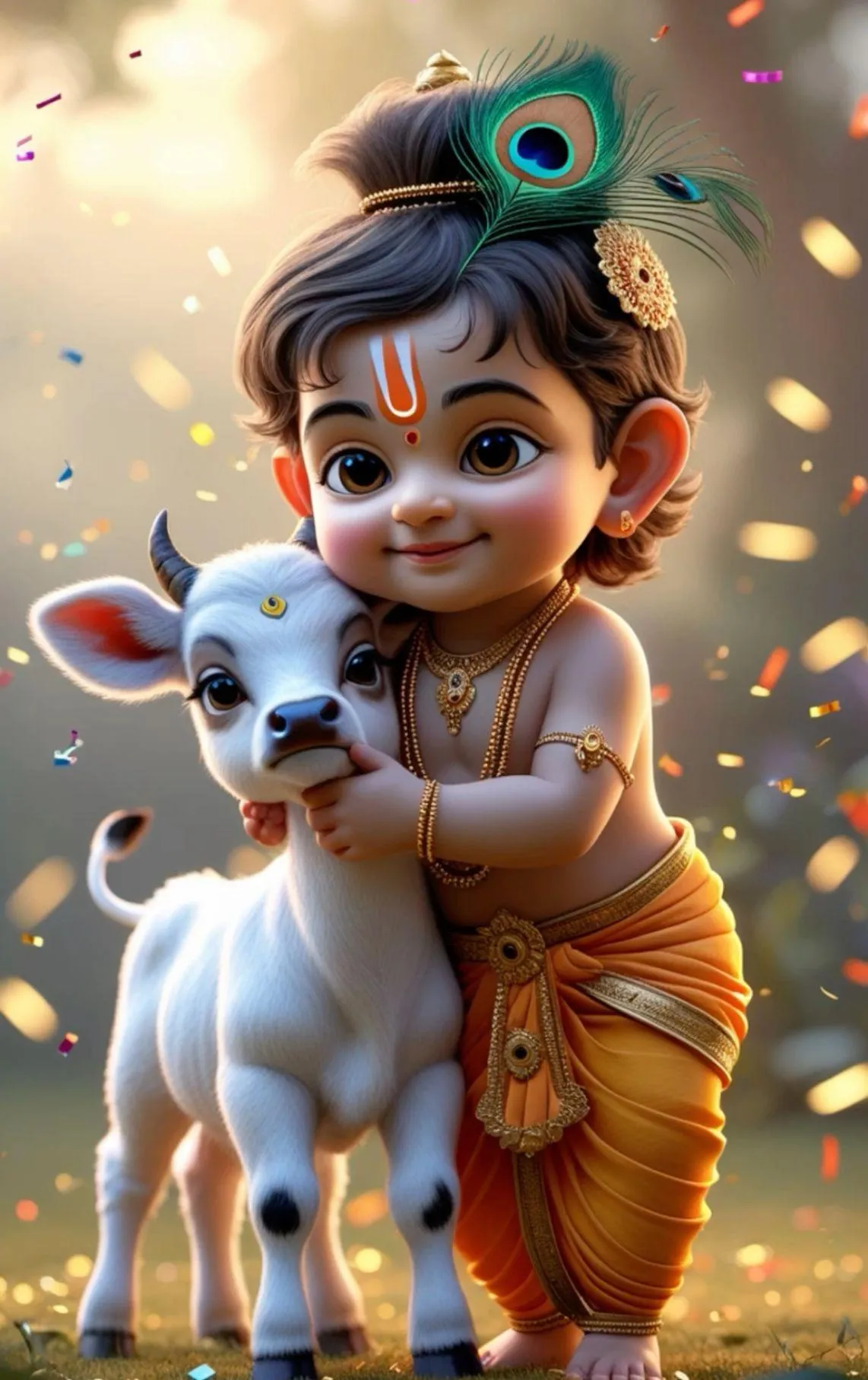 Cute Baby Krishna with Cow Smiling Divine Charm Wallpaper