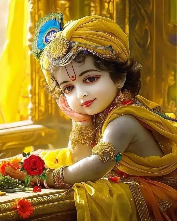 Cute Little Krishna in Yellow Attire with Rose Wallpaper