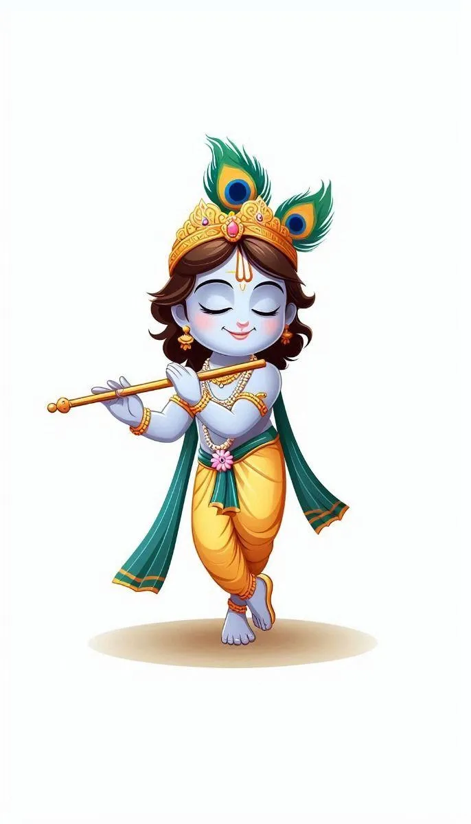 Cute Little Krishna Playing Flute in White Background Wallpaper