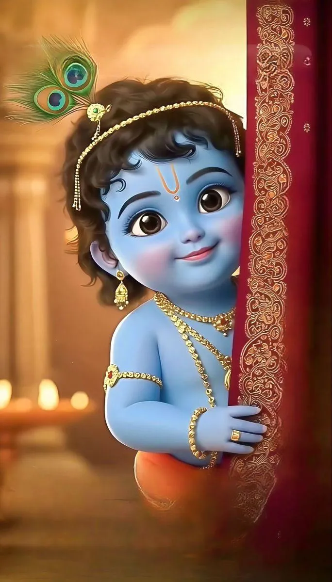 Cute Little Krishna Smiling Playfully Behind Red Curtain