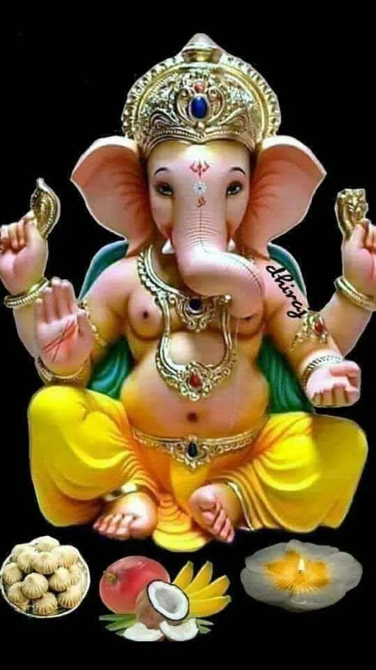 Cute Sitting Ganesh with Offerings and Crown Wallpaper