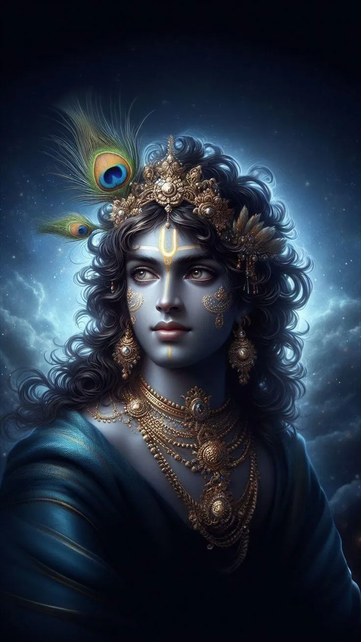 Dark Aura Krishna with Peacock Feather Radiant Glow Wallpaper