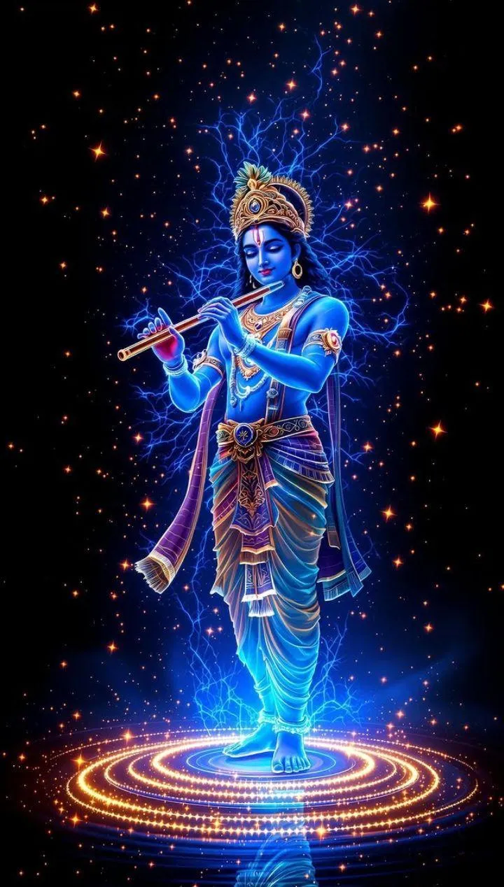 Divine Cosmic Krishna Playing Flute in Blue Aura Wallpaper