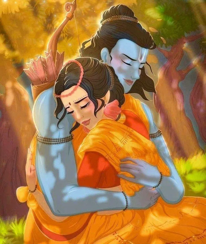 Divine Embrace of Ram and Sita in Forest Scene Wallpaper
