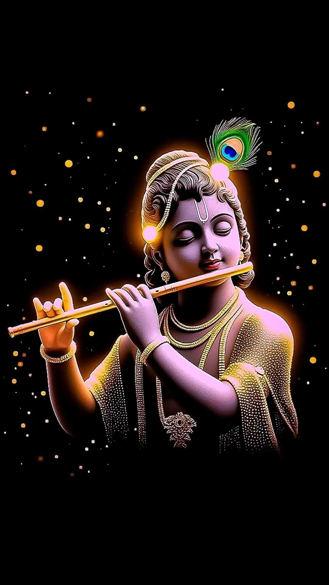 Divine Krishna Playing Flute Surrounded by Shining Stars