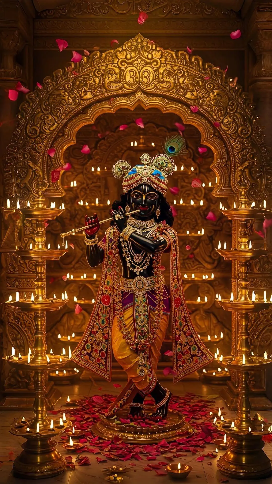 Divine Krishna Surrounded by Golden Lamps Wallpaper