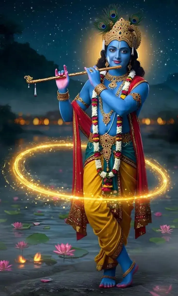 Divine Lord Krishna Playing Flute with Magical Golden Aura