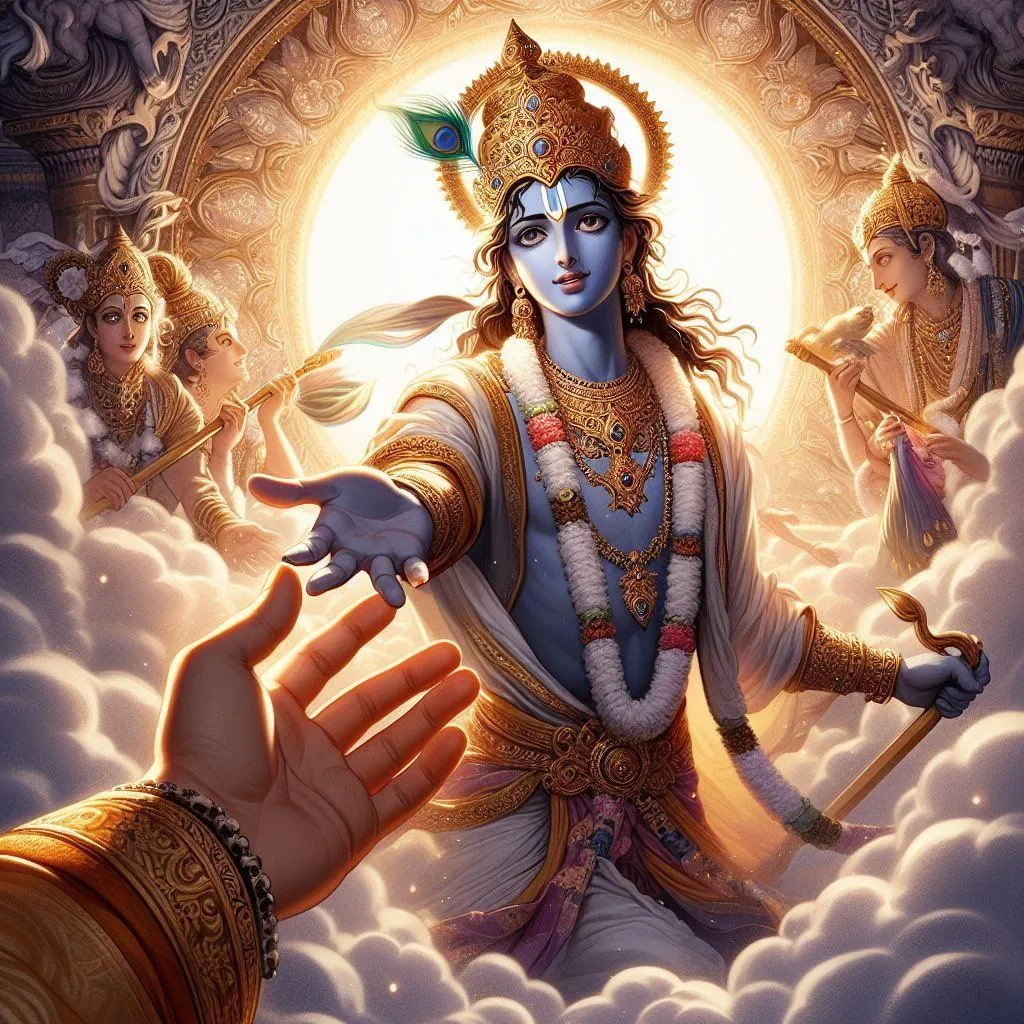 Divine Lord Krishna Reaching Hand with in Heavenly Glow Wallpaper