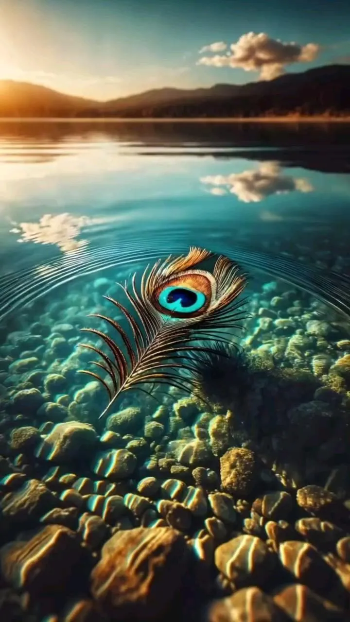 Divine Peacock Feather Floating Peacefully in Clear Water