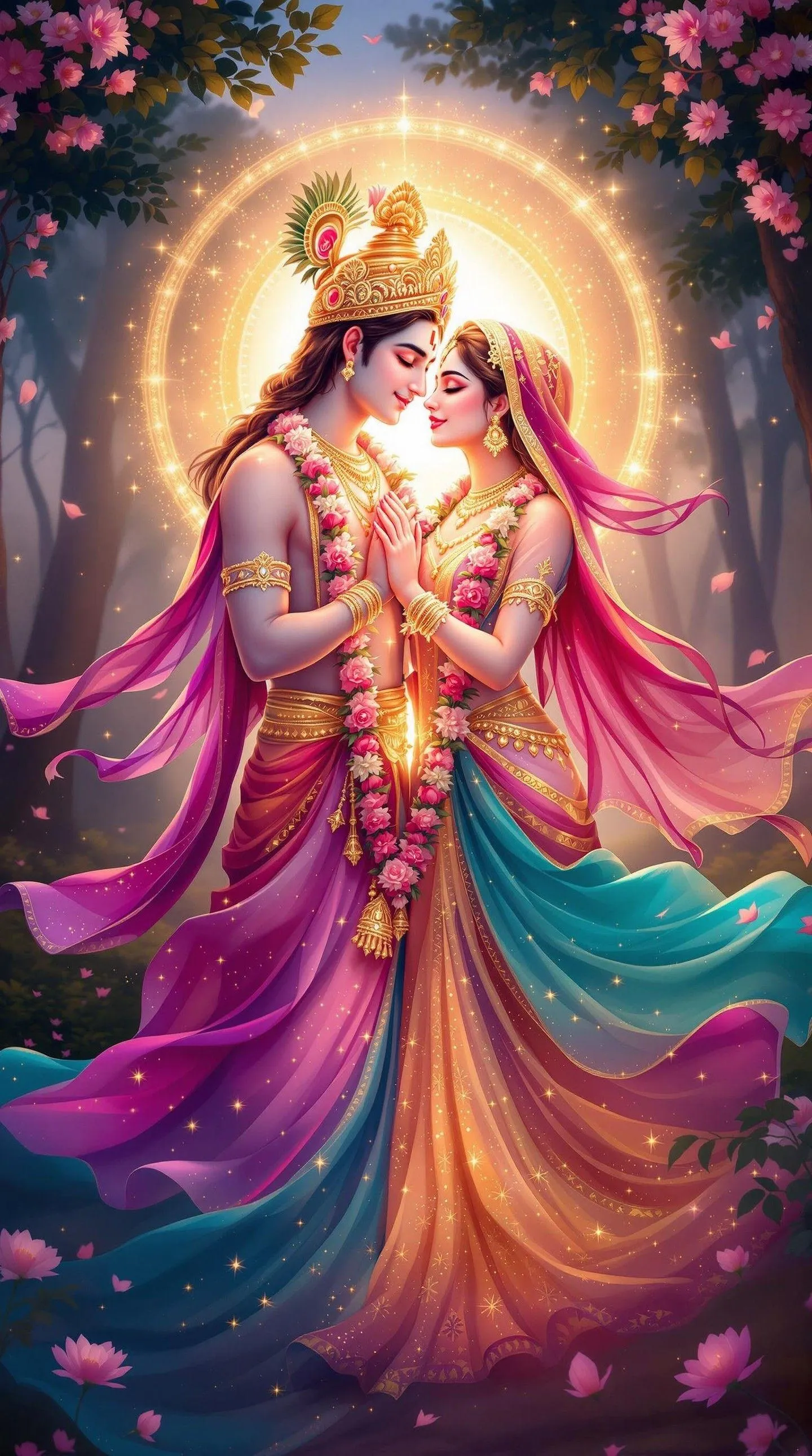 Divine Radha Krishna Together Radiating Love in Colorful Glow