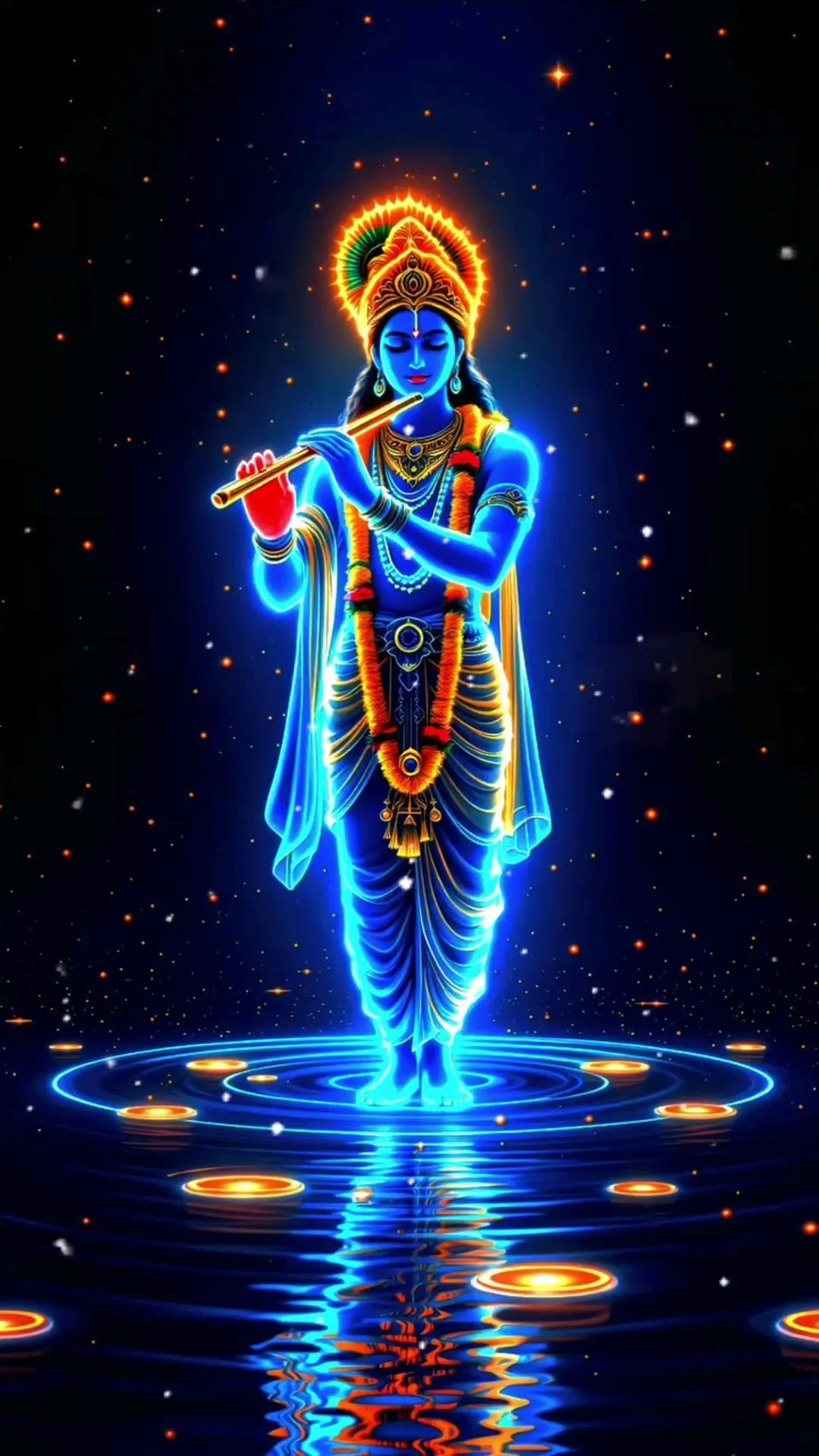 Glowing Lord Krishna with Flute and Cosmic Background Wallpaper