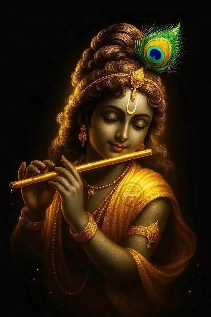 Golden Glow Lord Krishna Playing Flute with Peacock Feather
