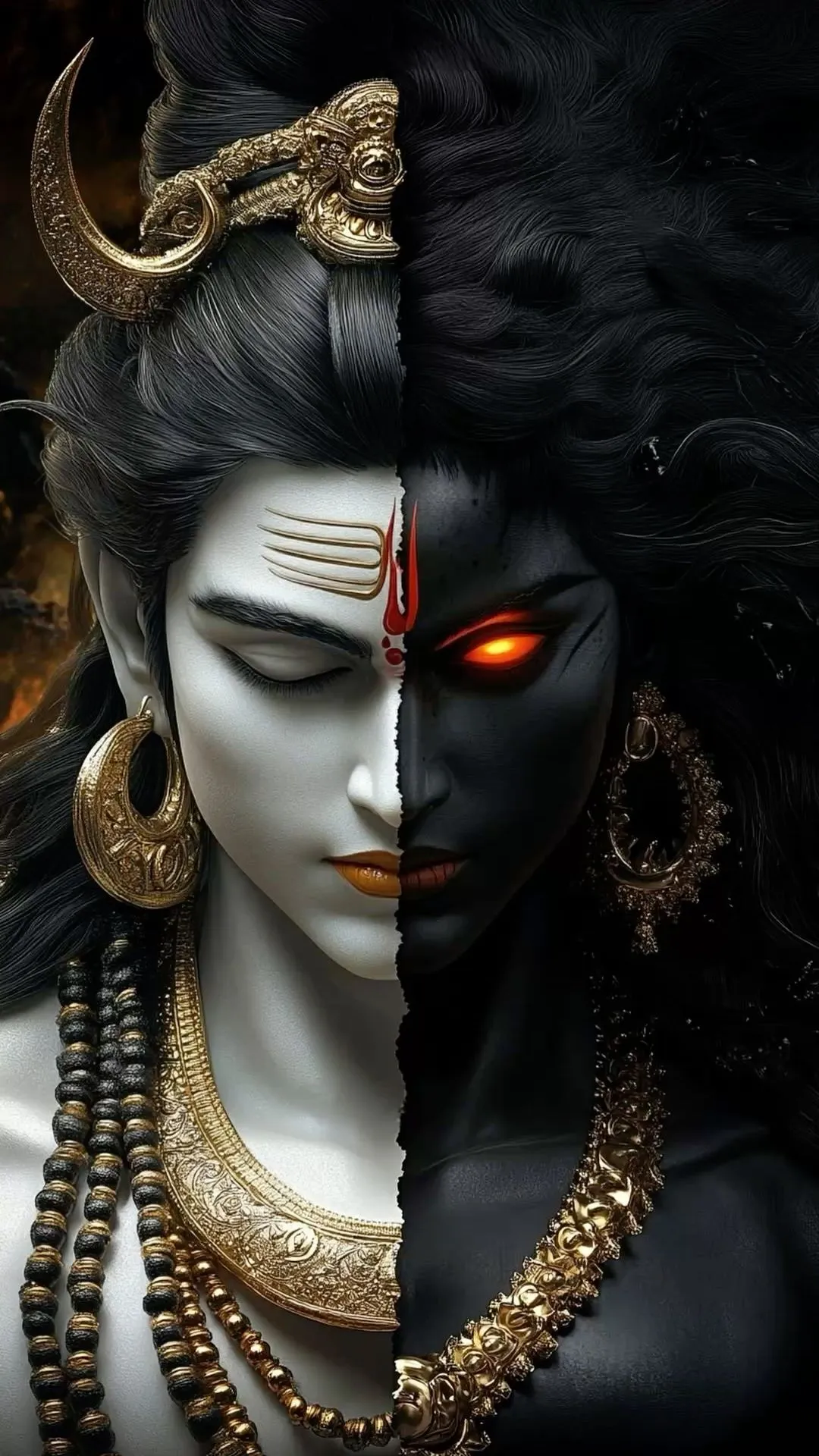 Half Face of Lord Shiva with Fiery Eyes Concept Wallpaper