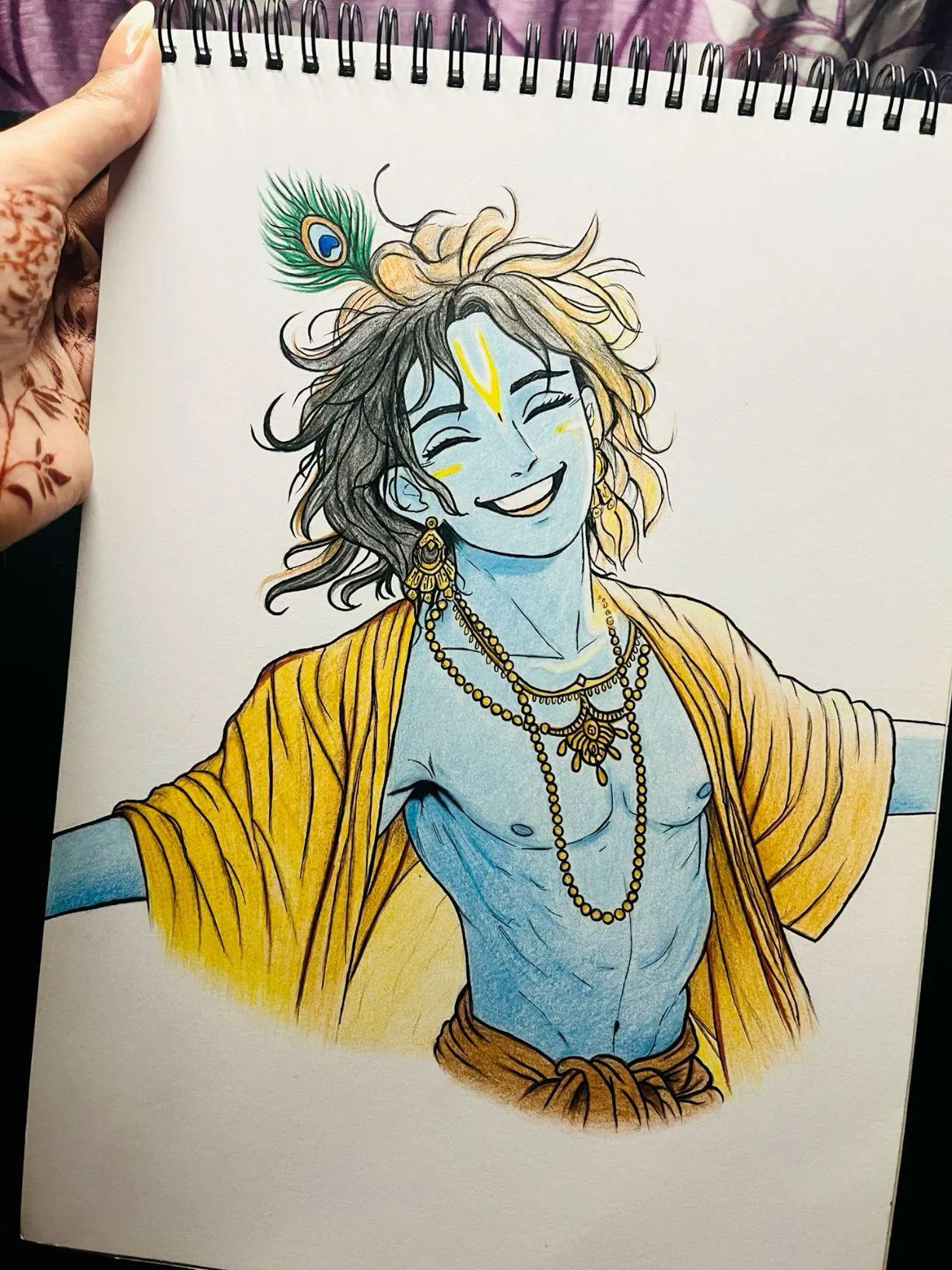 Hand Drawn Krishna Sketch Artwork with Peacock Feather Image