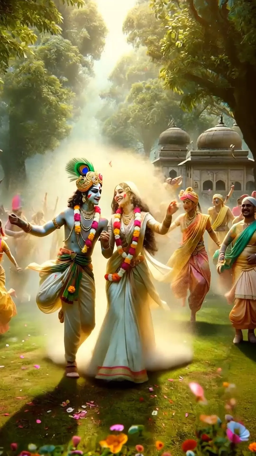 Krishna Dancing with Gopis in Garden Scene Wallpaper