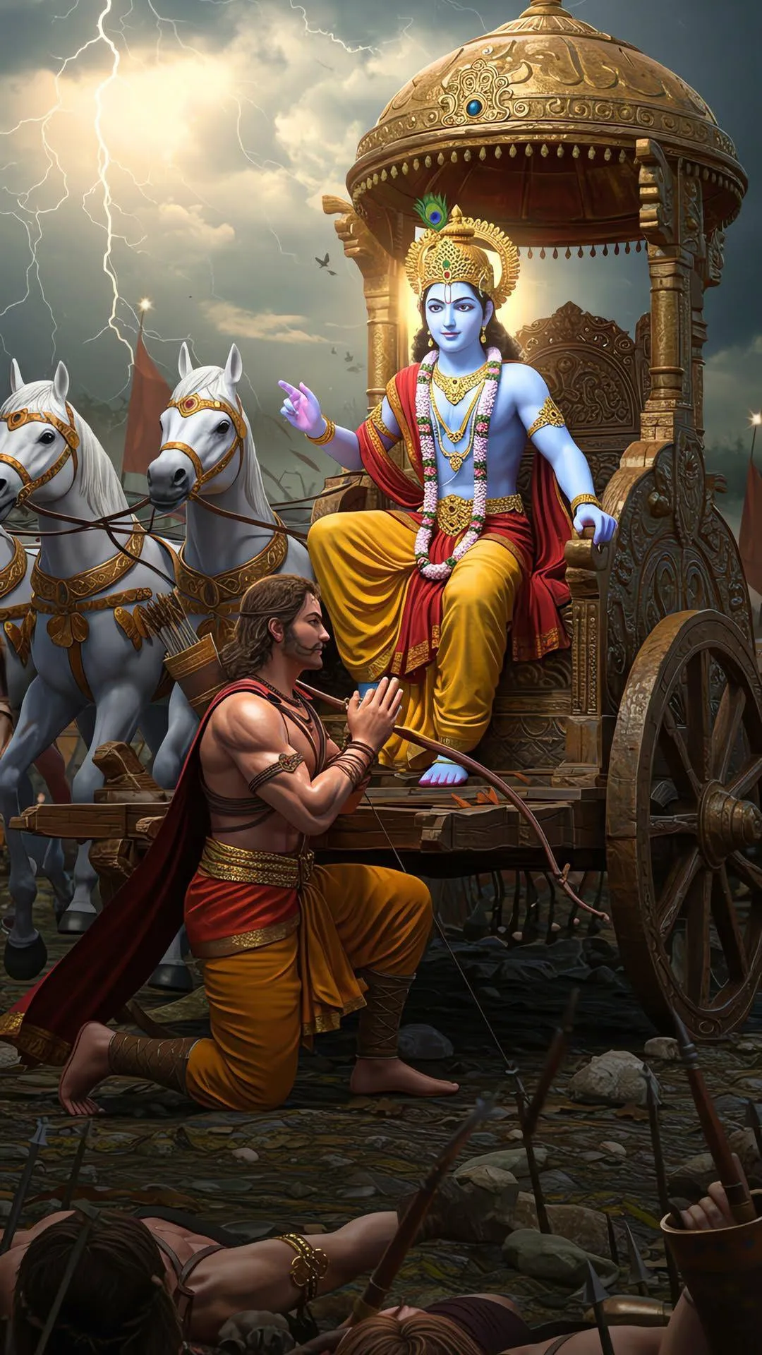 Krishna Guiding Arjuna in Mahabharata Chariot Scene Wallpaper