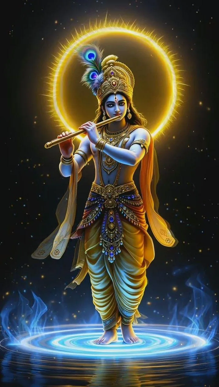 Krishna in Divine Aura Standing with Playing Flute Wallpaper