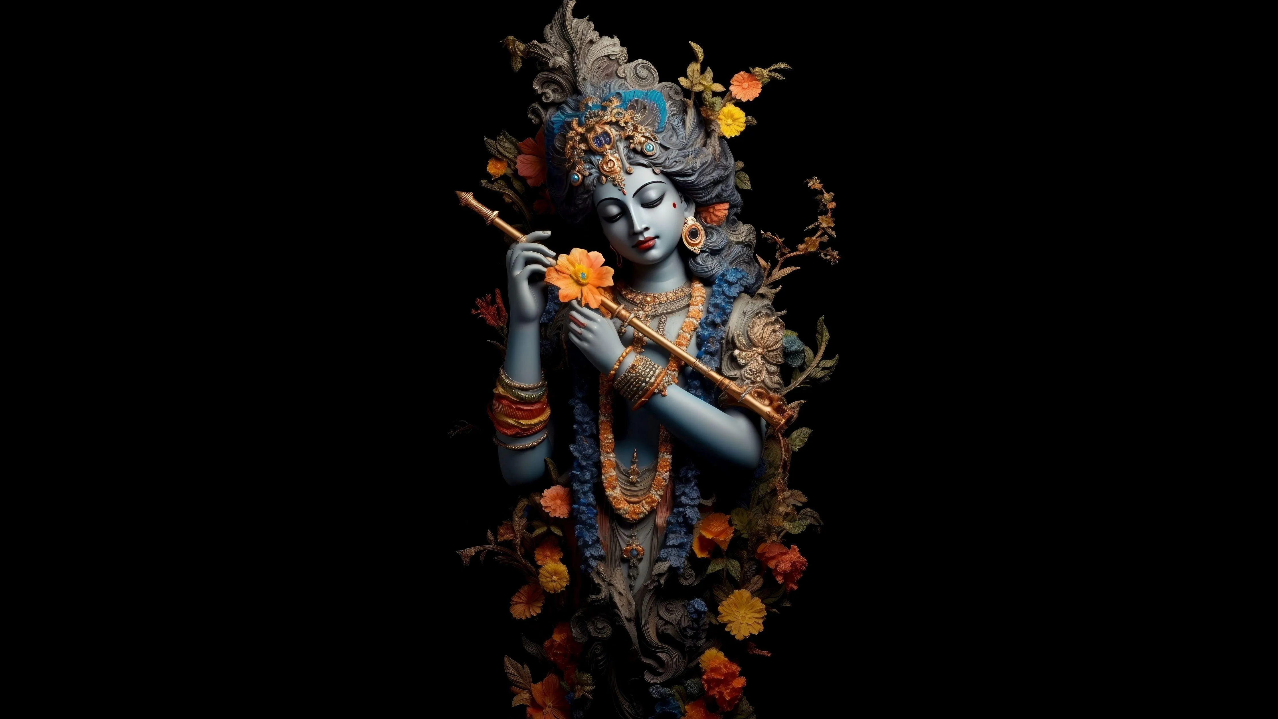 Krishna Playing Flute Surrounded by Nature and Flowers Wallpaper