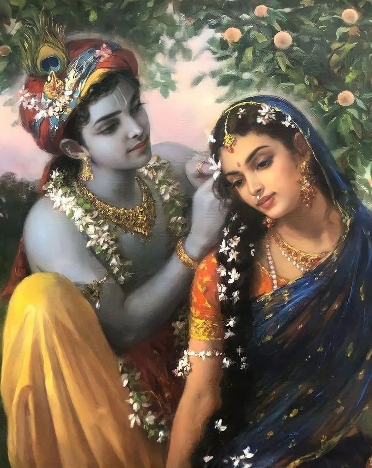 Krishna Putting Flower in Radha Hair Romantic Moment Wallpaper