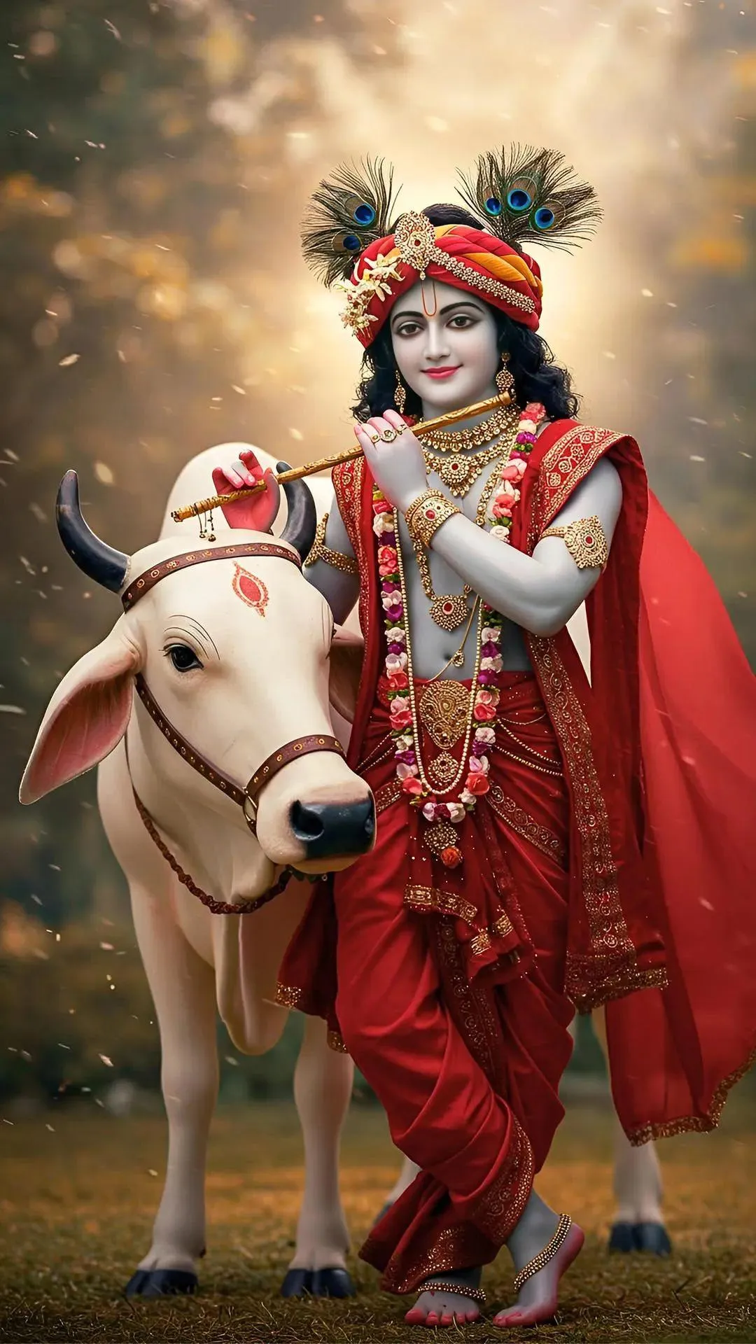 Little Krishna Walking Joyfully with Cow in Village Artistic