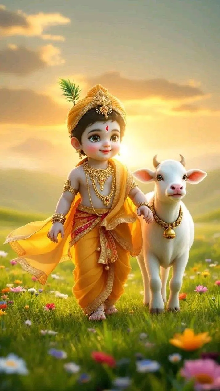Little Krishna Walking with Calf in Green Fields Wallpaper