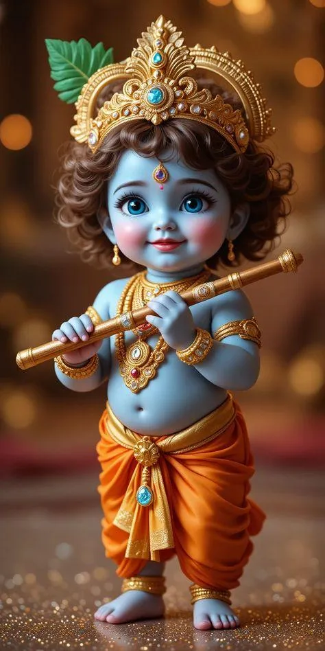 Little Krishna with Flute in Orange Attire Free Wallpaper