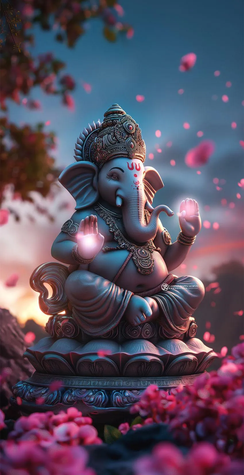 Lord Ganesh Sitting in Calm Pink Flower Garden Art Wallpaper