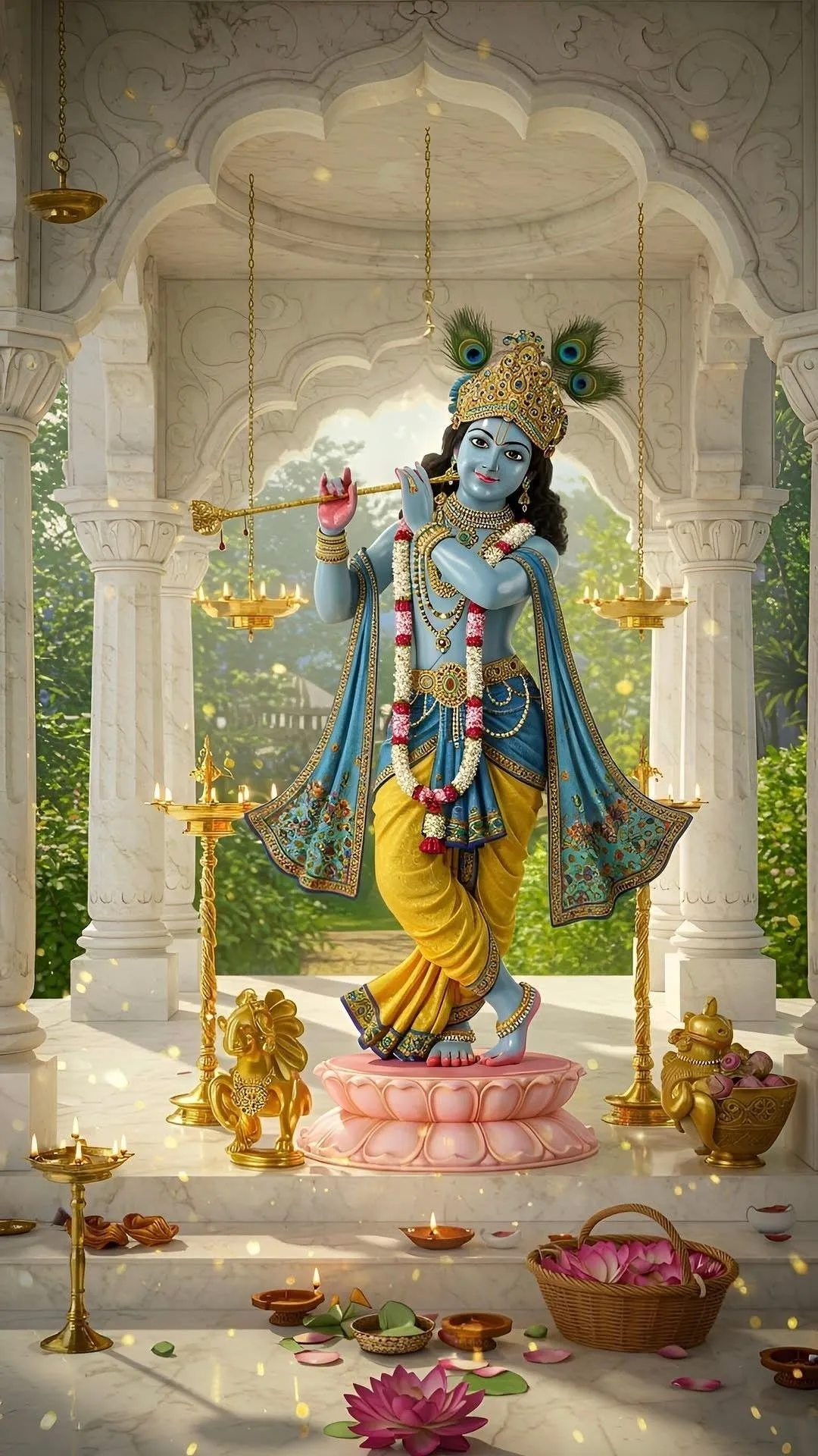 Lord Krishna Blessing Devotees in Temple Spiritual Glow Wallpaper