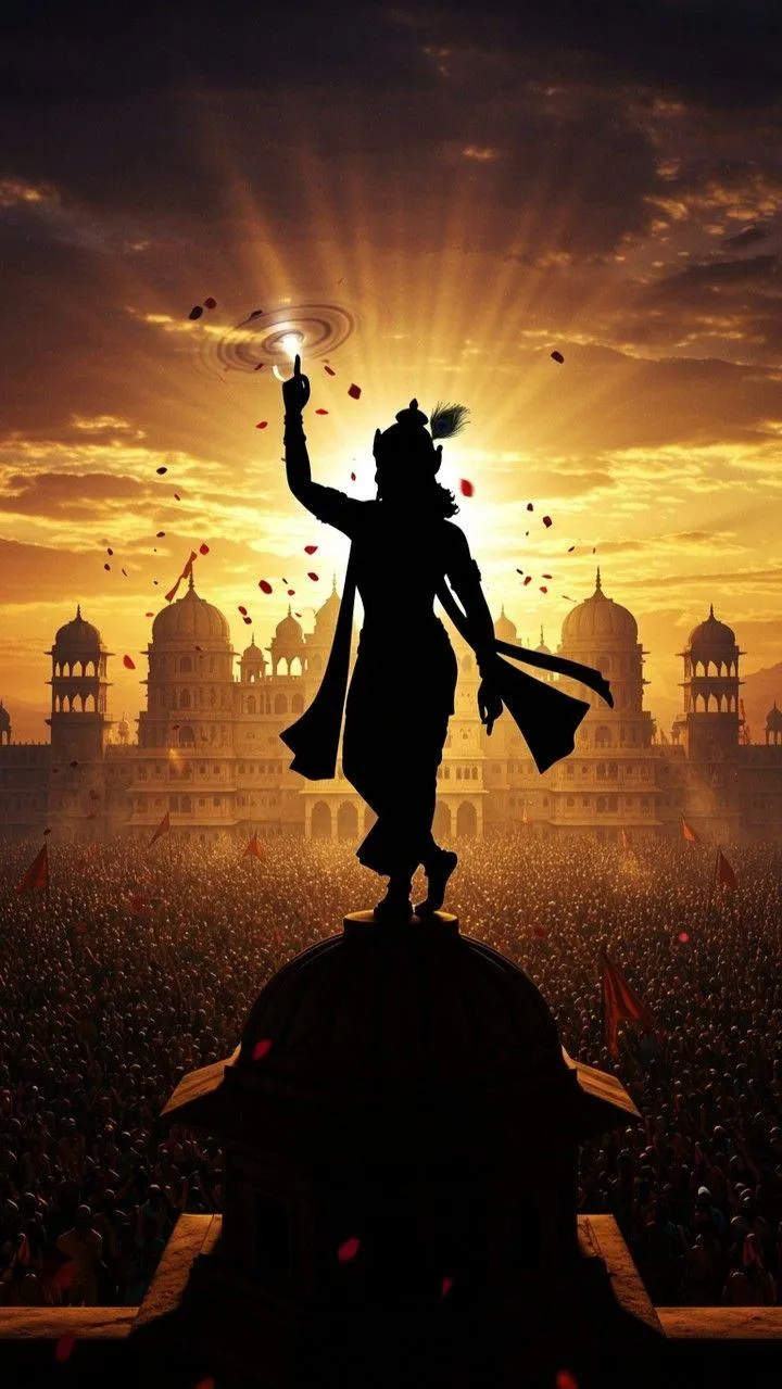 Lord Krishna Dancing in Sunset with Devotees Wallpaper