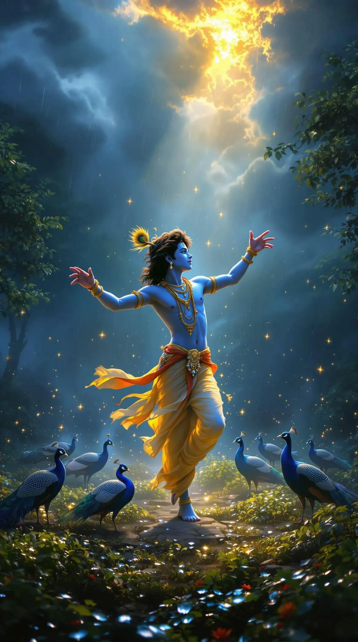 Lord Krishna Dancing with Peacocks Under Light Wallpaper