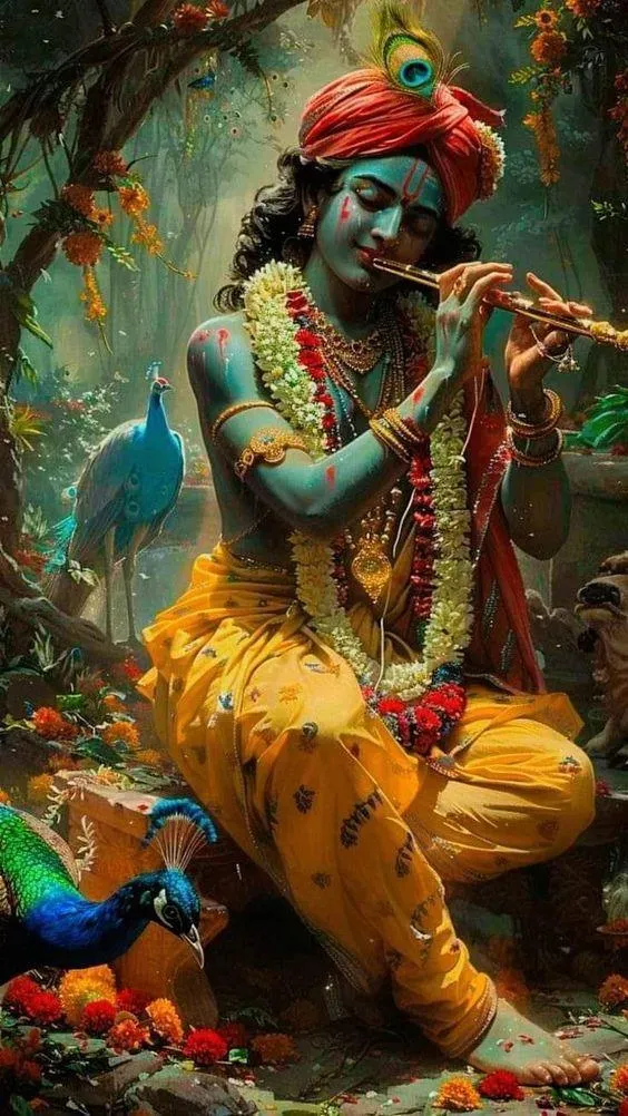 Lord Krishna Joyful Dance Playing Flute in Colorful Forest