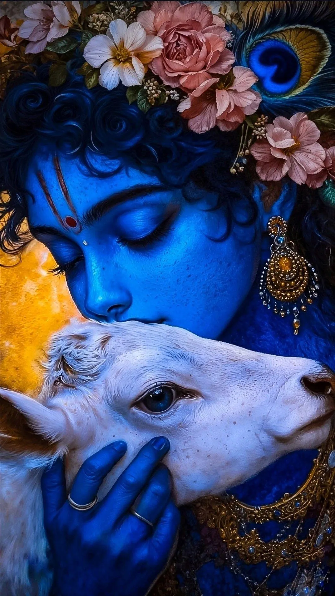 Lord Krishna Loving Cow with Divine Blue Aura Eternal Peace