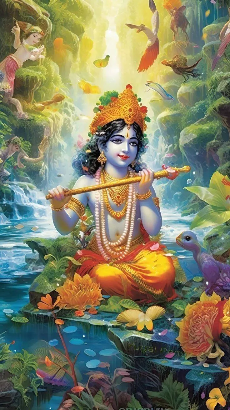 Lord Krishna Playing Flute in Forest Surrounded by Birds