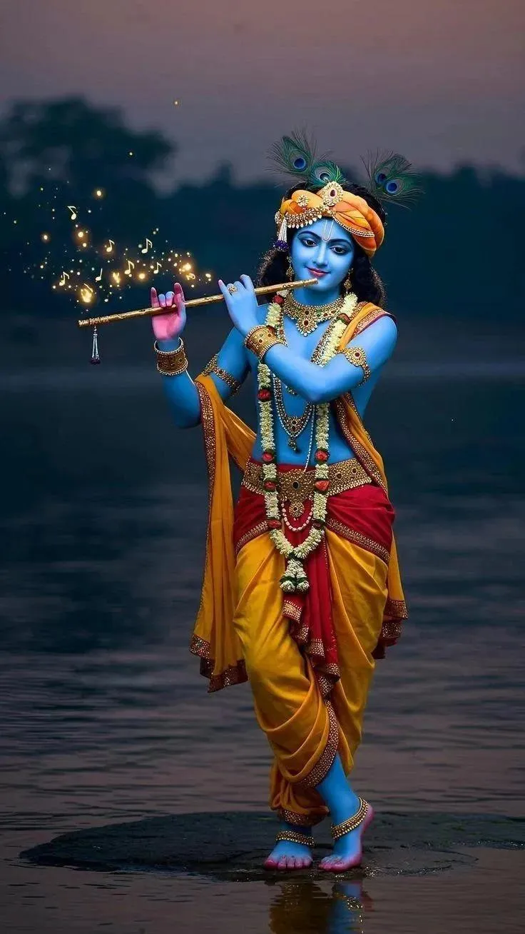 Lord Krishna Playing Flute Peacefully near River Bank at Night