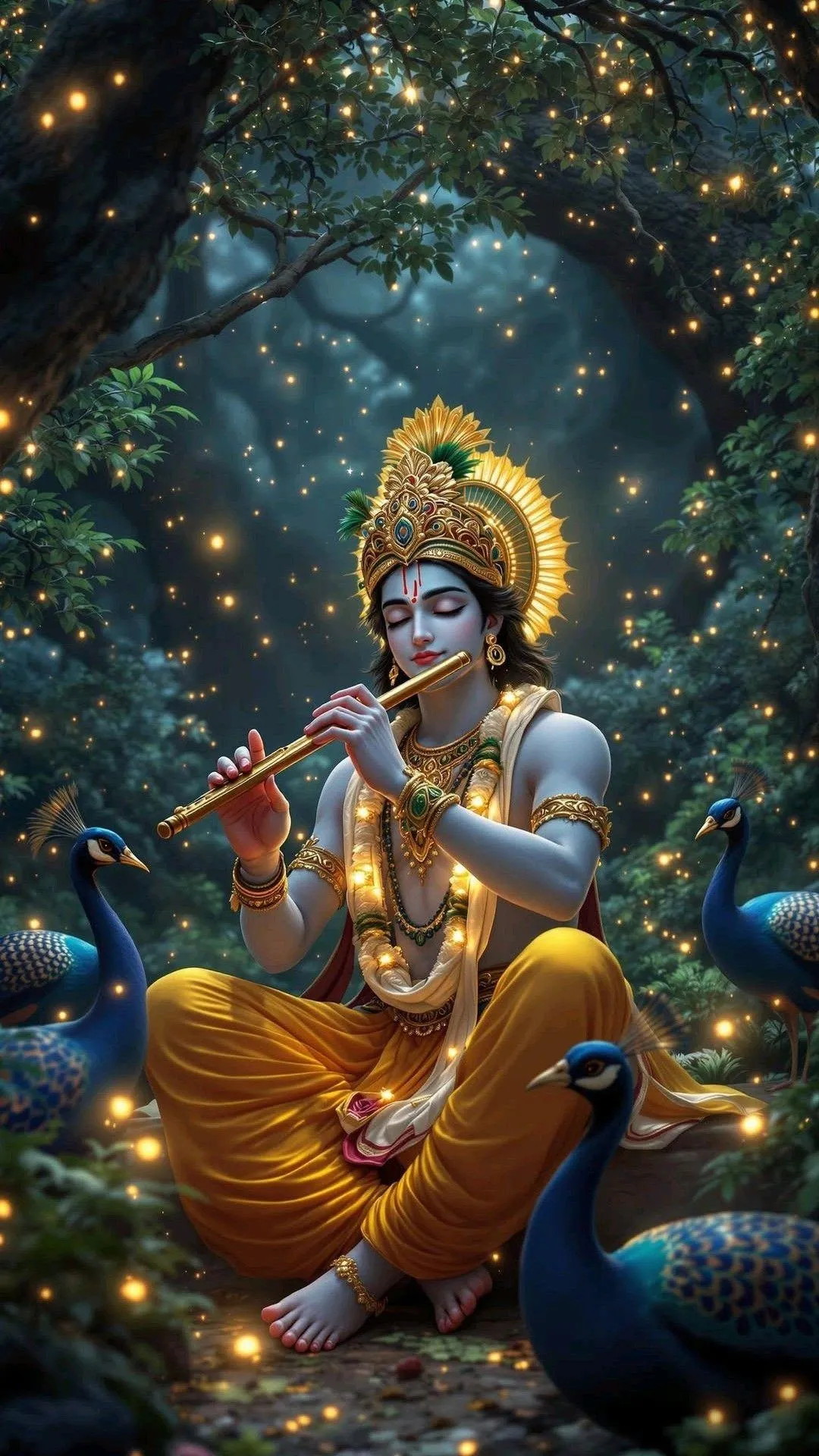 Lord Krishna Playing Flute Surrounded by Birds Wallpaper