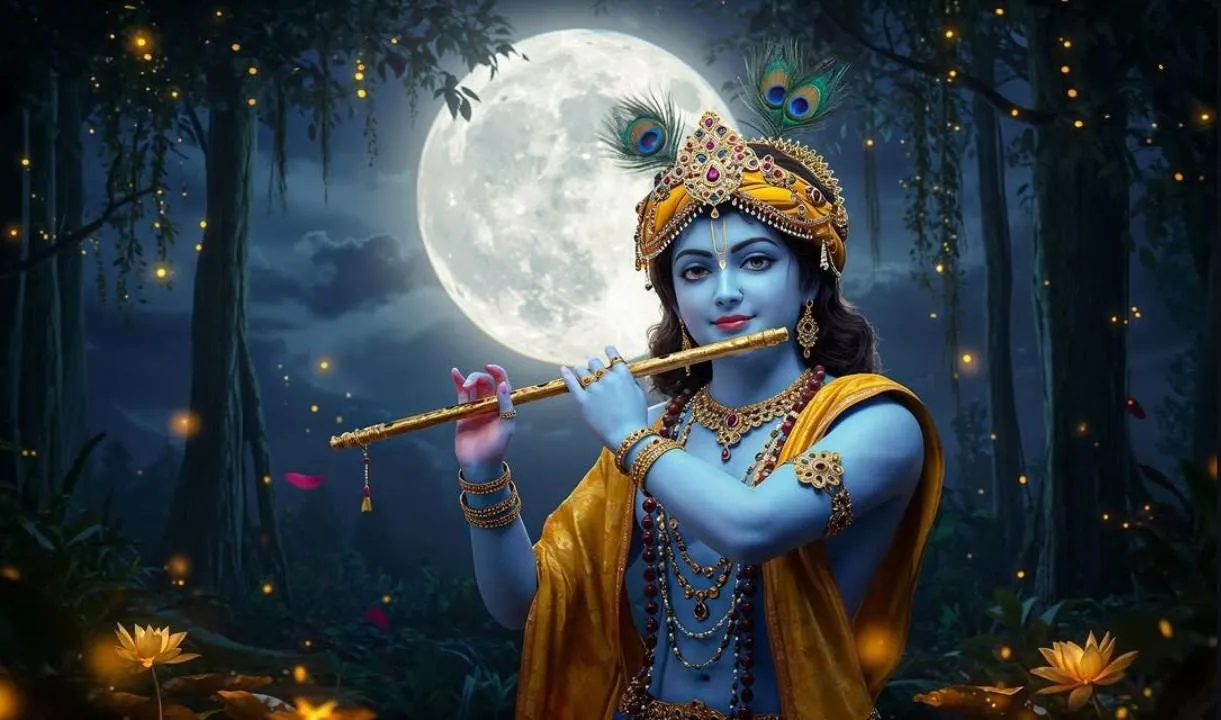 Lord Krishna Playing Flute Under Full Moon with Divine Glow