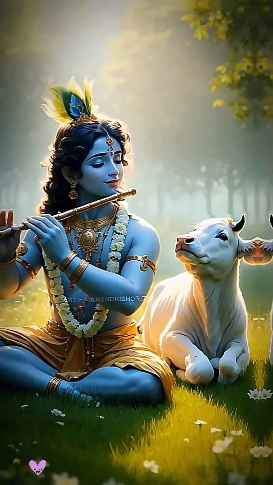 Lord Krishna Playing Flute with Calf on Grass Wallpaper