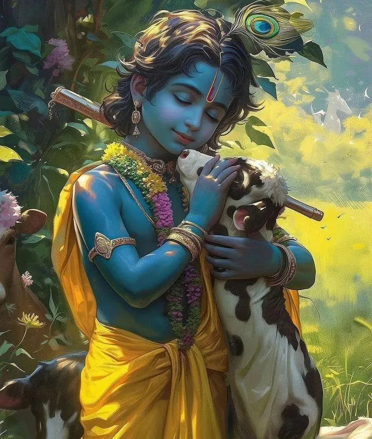 Lord Krishna Playing Flute with Cow in Divine Forest