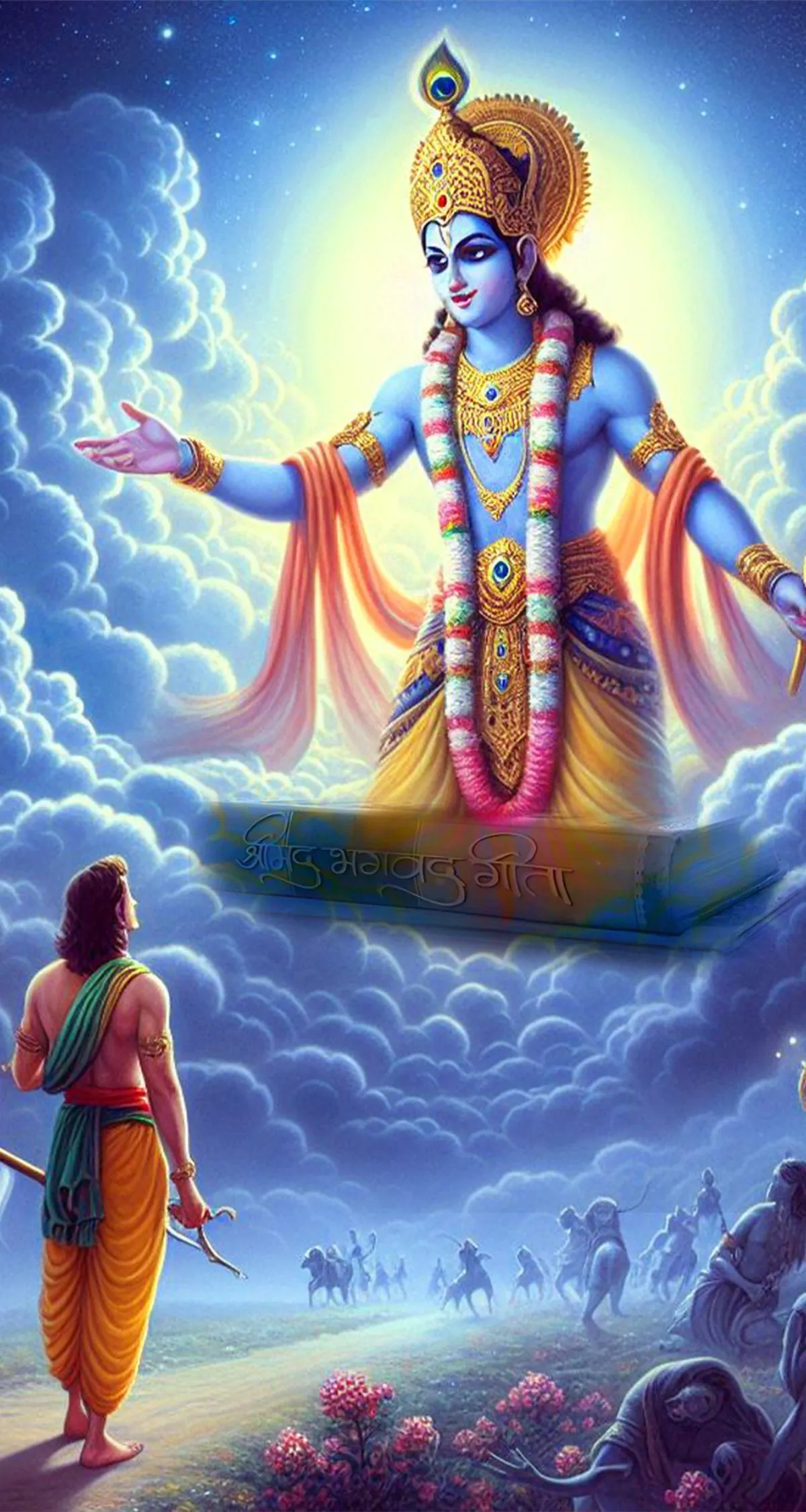 Lord Krishna Revealing Cosmic Form to Devotee Wallpaper