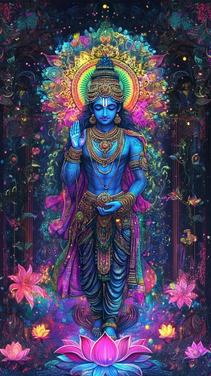 Lord Krishna Standing on Lotus Surrounded by Light Wallpaper