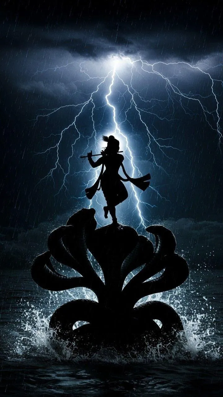 Lord Krishna Standing on Serpent Kaliya in Storm Wallpaper