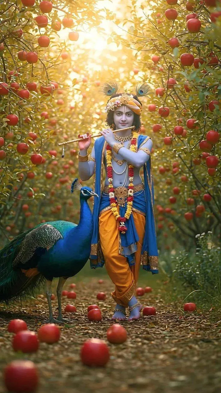 Lord Krishna with Peacock in Garden of Red Apples Divine Scene