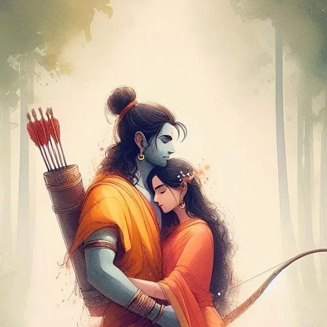 Lord Rama and Sita Divine Hug Depicting Eternal Love