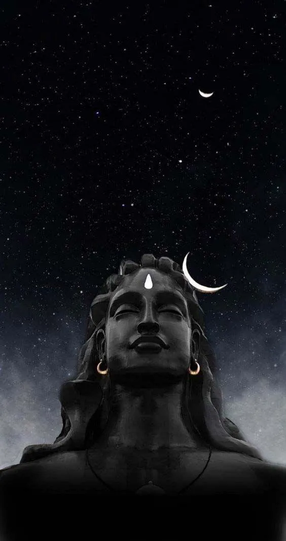 Lord Shiva Adiyogi Statue Under Crescent Moon Night Sky