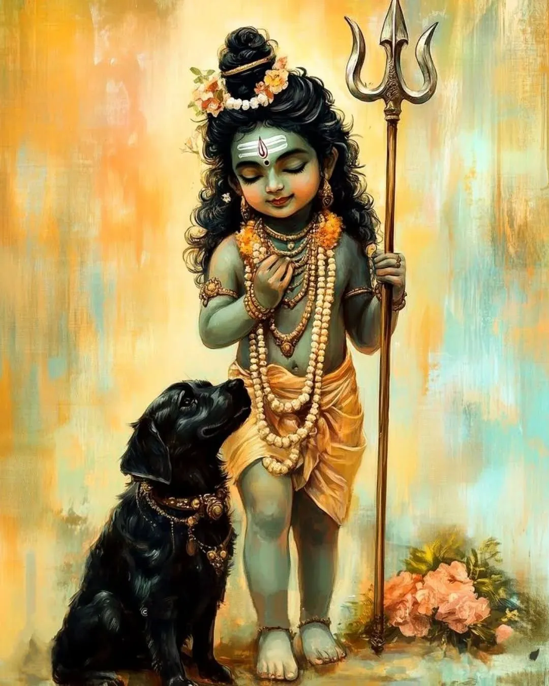Lord Shiva as Child with Dog and Trishul Divine Art Wallpaper