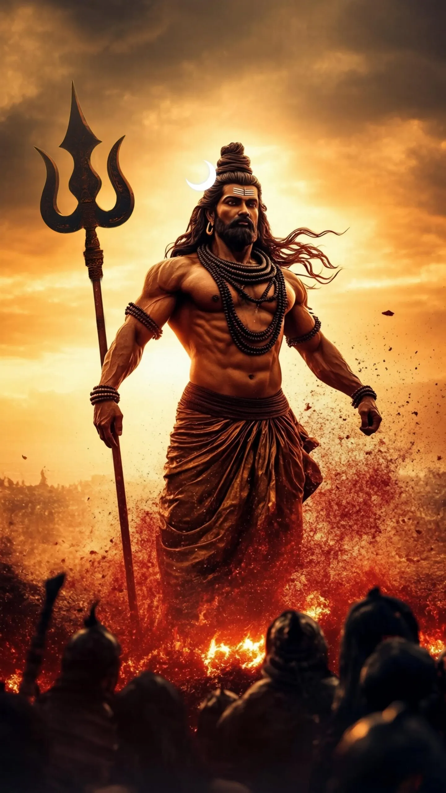Lord Shiva Holding Trishul in Emerging from Fiery Flames