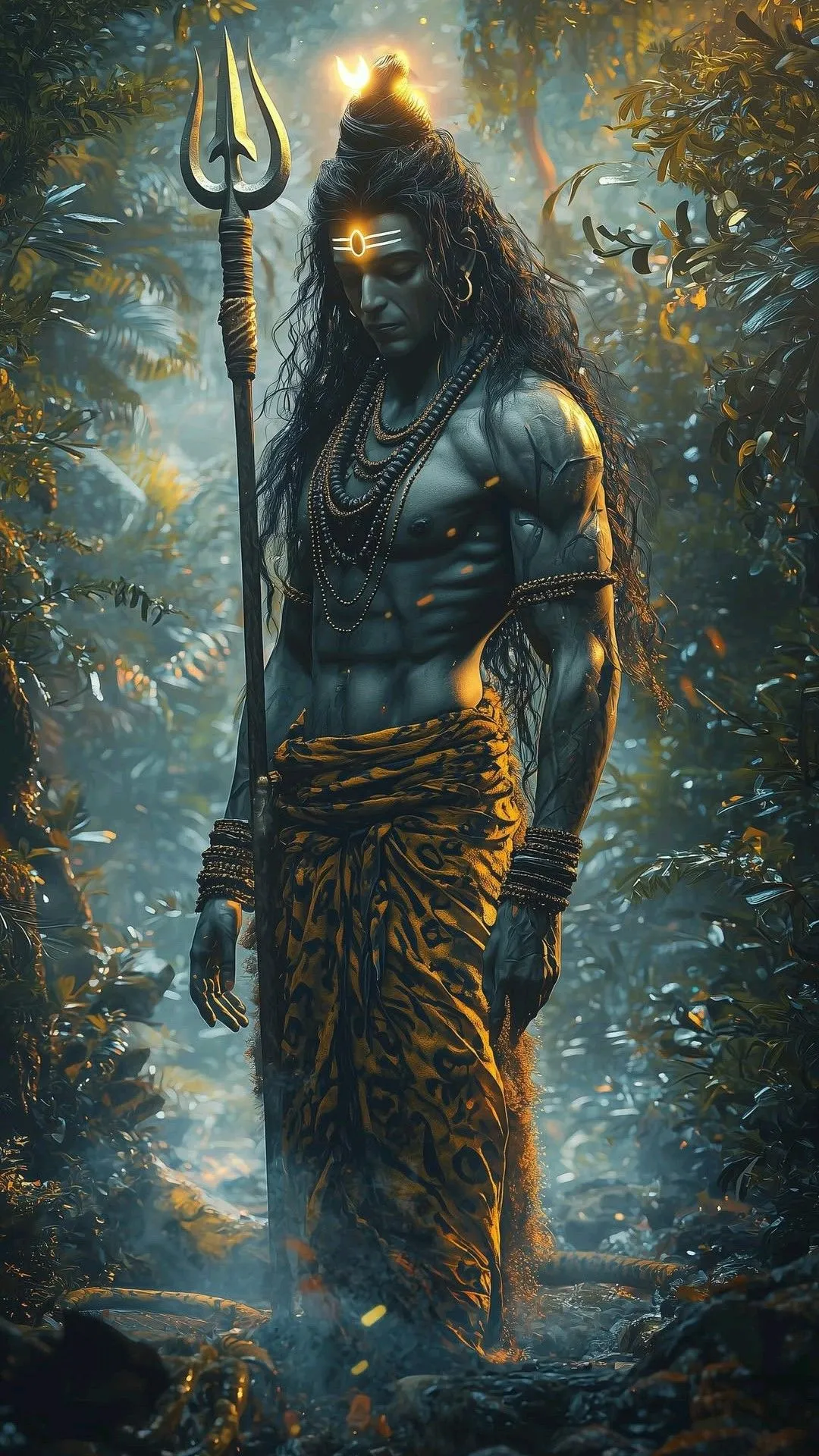 Lord Shiva Holding Trishul in Glowing Forest Wallpaper
