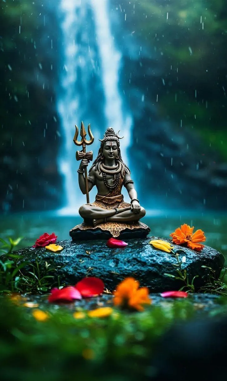 Lord Shiva Idol under Waterfall Surrounded by Flowers