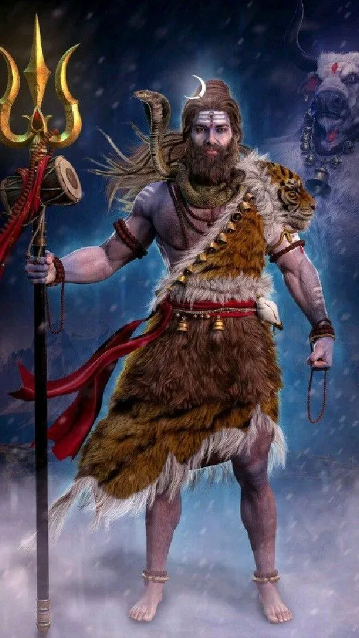 Lord Shiva in Warrior Attire Holding Trishul Wallpaper